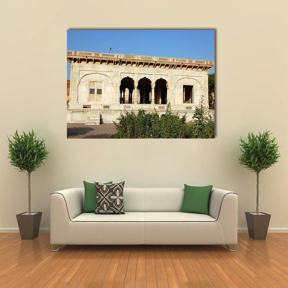 Alamgiri Gate, Lahore Canvas Wall Art in white, beige and blue, single panel hung on a wall
