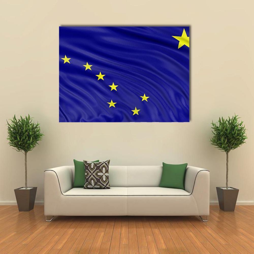 Waving Alaska Flag with Big Dipper Canvas Wall Art in yellow and blue, single panel hung on a wall