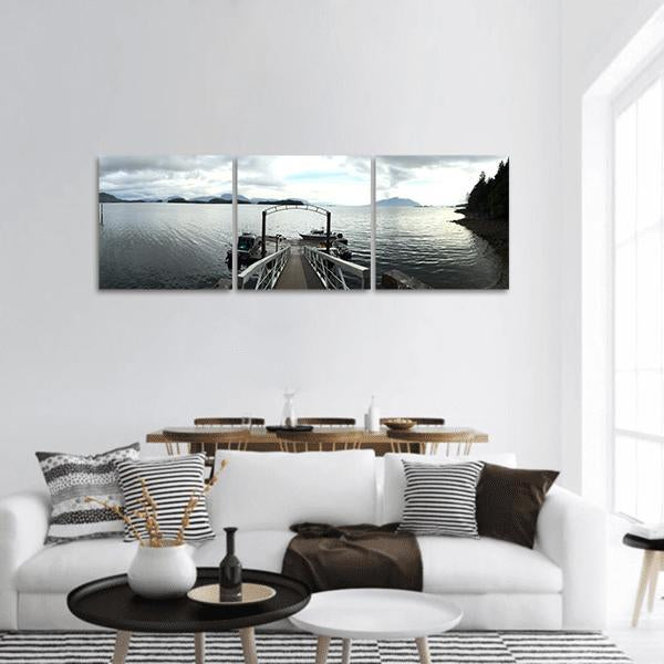 Harbor Pier and Boat Bay Panoramic Canvas Wall Art in white, gray and blue, hung on a wall