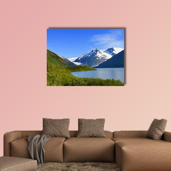 Alaska Mountain Lake Canvas Wall Art in white, green and blue, single panel hung on a wall