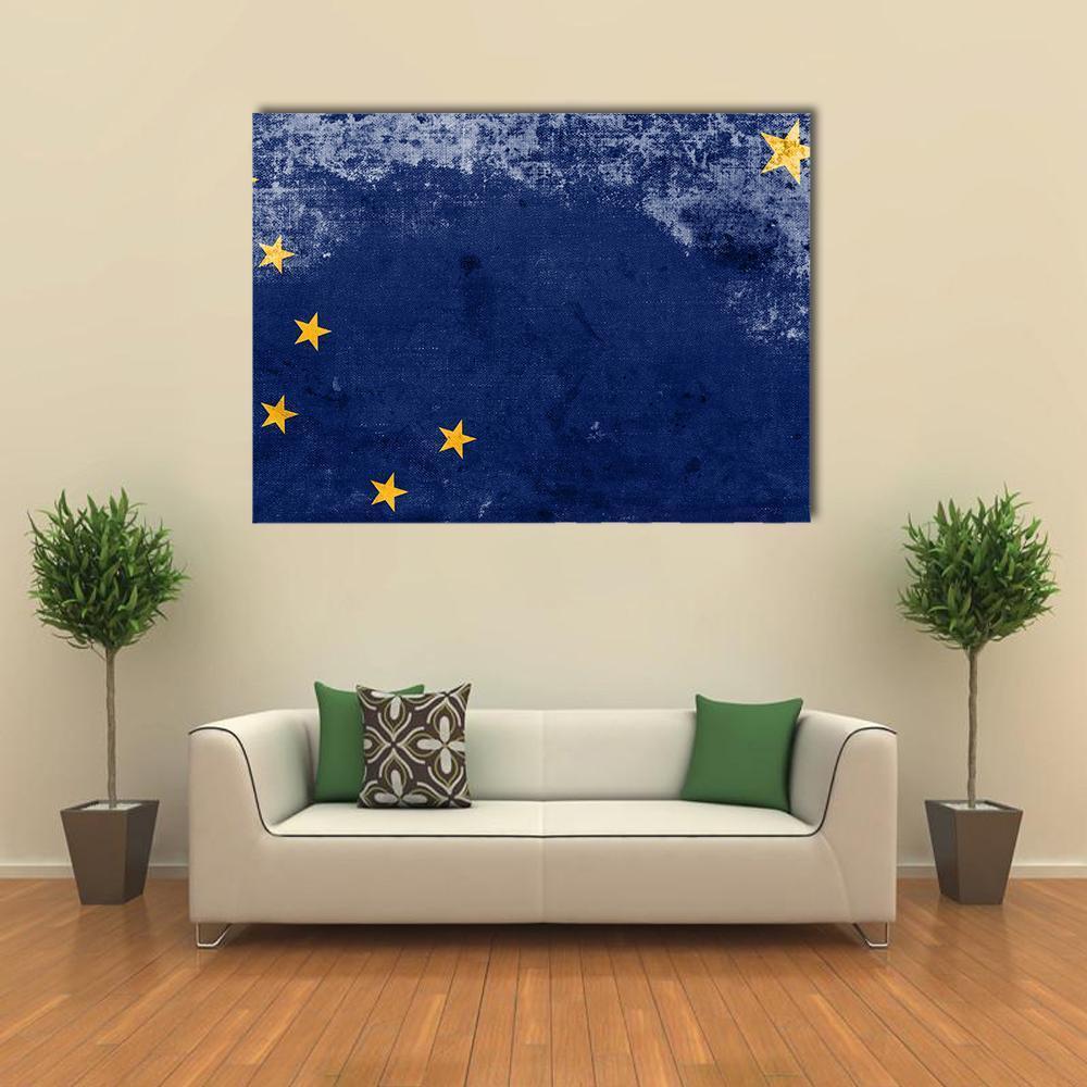 Alaska State Flag Canvas Wall Art in gold and blue, single panel hung on a wall