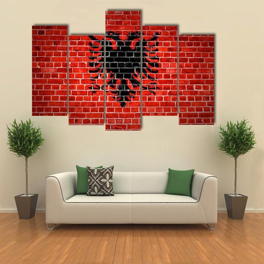 Albanian Flag On Brick Wall Canvas Wall Art-5 Pop-Gallery Wrap-47&quot; x 32&quot;-Tiaracle