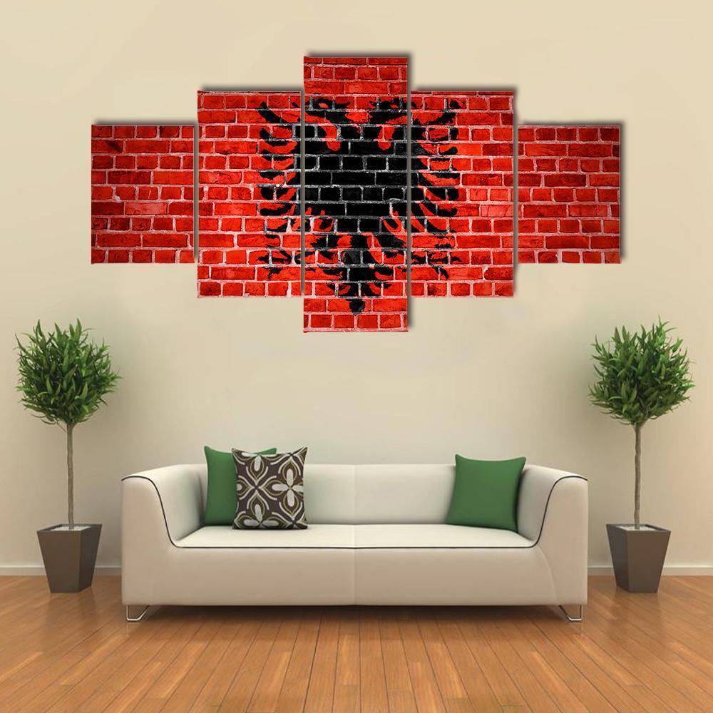 Albanian Flag On Brick Wall Canvas Wall Art-5 Star-Gallery Wrap-62" x 32"-Tiaracle