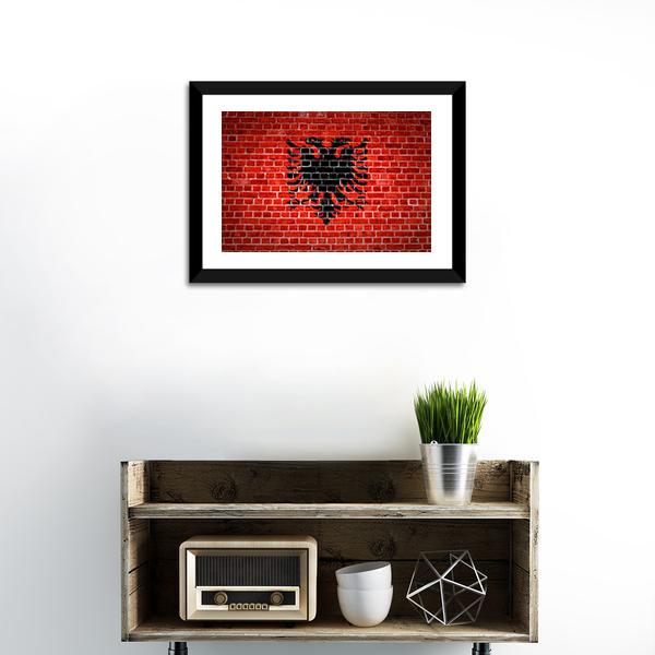 Albanian Flag On Brick Wall Canvas Wall Art-1 Piece-Framed Print-20&quot; x 16&quot;-Tiaracle