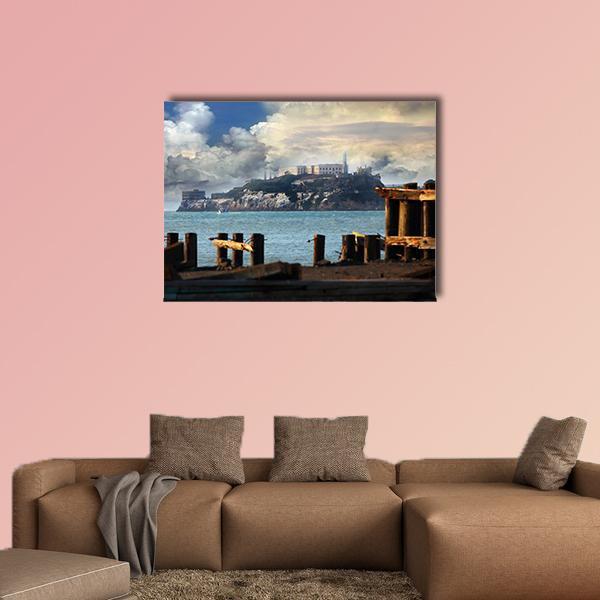 Alcatraz Island Penitentiary View Canvas Wall Art in gray, brown and blue, single panel hung on a wall
