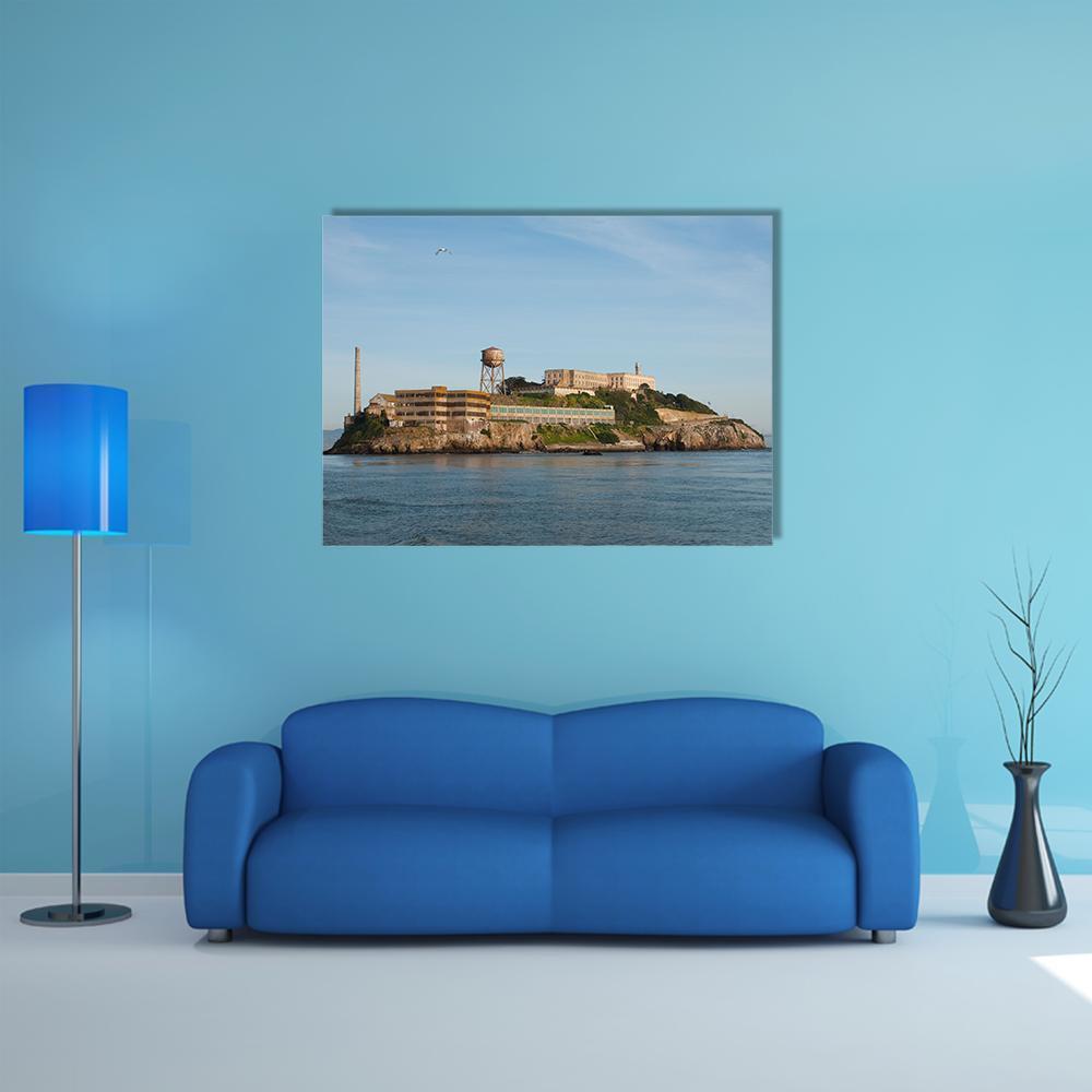 Alcatraz Island, San Francisco Canvas Wall Art in gray, brown and blue, single panel hung on a wall