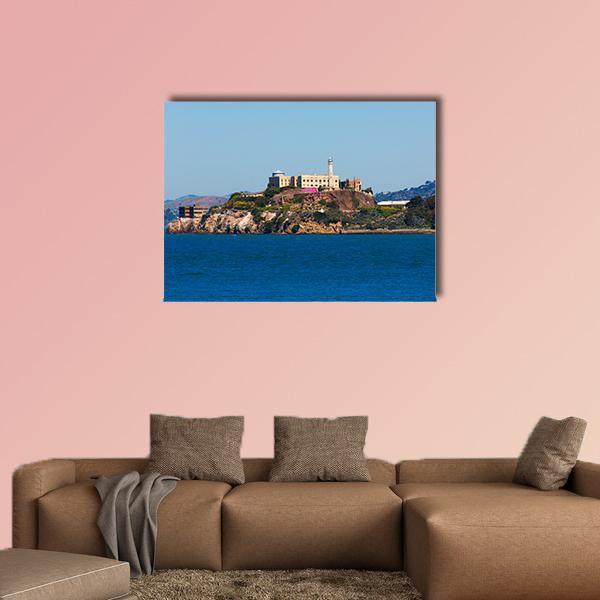 Alcatraz Island Penitentiary, San Francisco Bay Canvas Wall Art in brown and blue, single panel hung on a wall