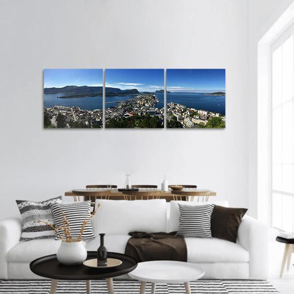 Alesund Harbor View, Norway Panoramic Canvas Wall Art in white, green and blue, hung on a wall