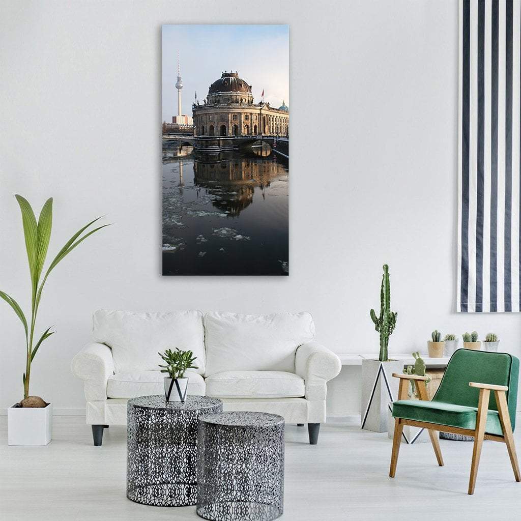 Bode Museum, Berlin in Winter Light Vertical Canvas Wall Art in gray, brown and blue, single vertical panel hung on a wall