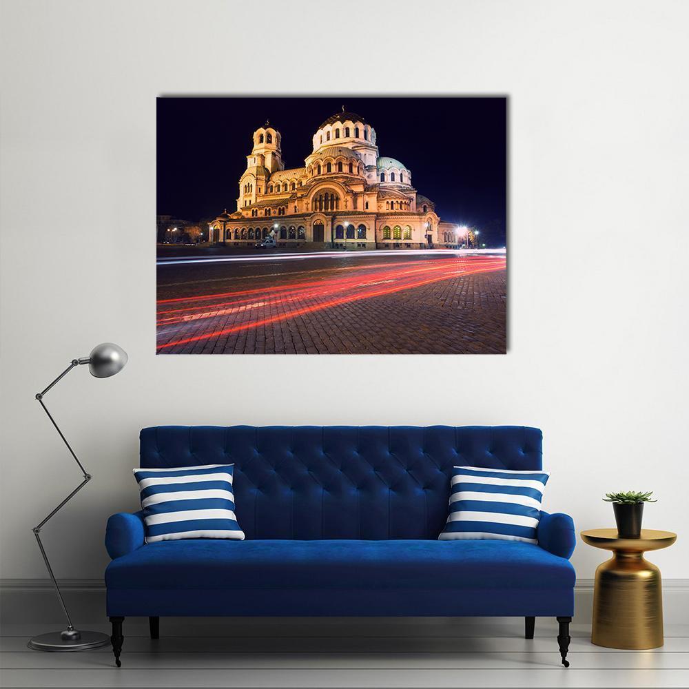 Alexander Nevski Cathedral Night Scene Canvas Wall Art in black, gold and yellow, single panel hung on a wall