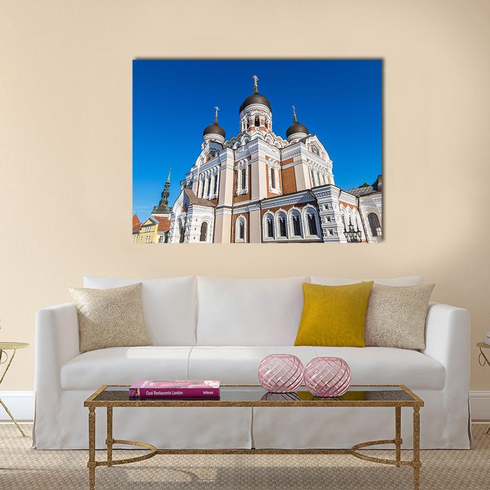 Alexander Nevsky Cathedral, Tallinn Canvas Wall Art in white, brown and blue, single panel hung on a wall