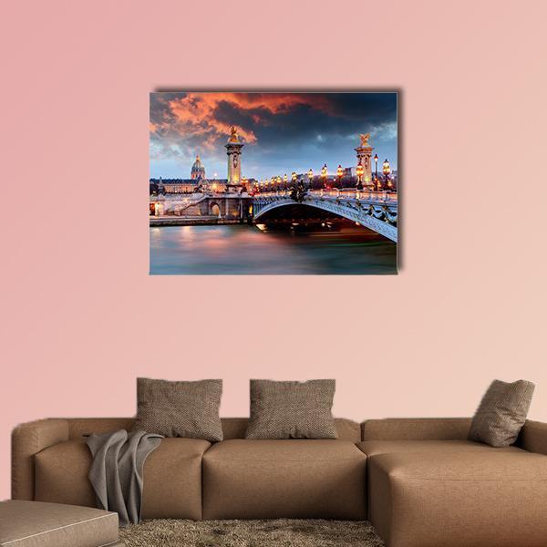 Pont Alexandre Iii at Dusk, Paris Canvas Wall Art in gray, orange and blue, hung on a wall