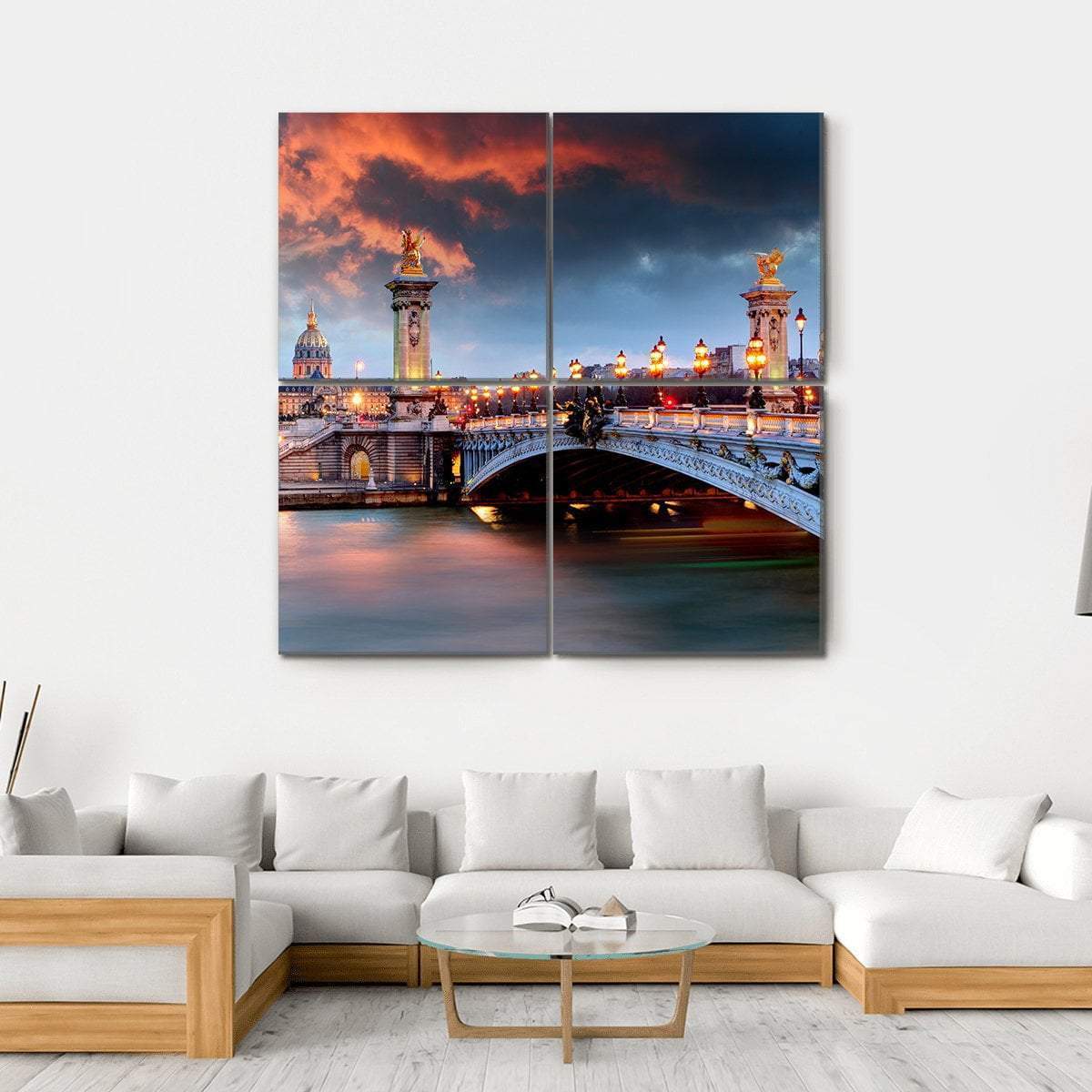 Pont Alexandre Iii at Dusk, Paris Canvas Wall Art in gray, orange and blue, hung on a wall