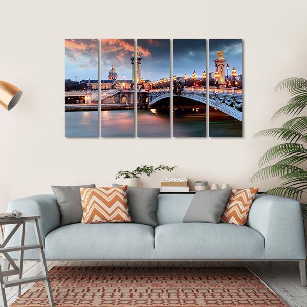 Pont Alexandre Iii at Dusk, Paris Canvas Wall Art in gray, orange and blue, hung on a wall
