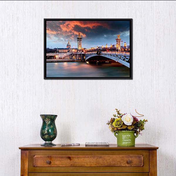 Alexandre Iii Bridge in Paris Canvas Wall Art in gold, orange and blue, framed canvas, product view on a white background
