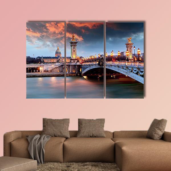 Alexandre Iii Bridge in Paris Canvas Wall Art in gold, orange and blue, 4 panel Pop layout hung on a wall