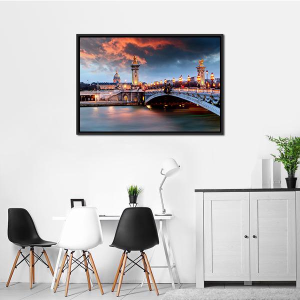 Pont Alexandre Iii at Dusk, Paris Canvas Wall Art in gray, orange and blue, hung on a wall