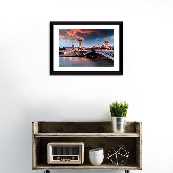 Pont Alexandre Iii at Dusk, Paris Canvas Wall Art in gray, orange and blue, hung on a wall