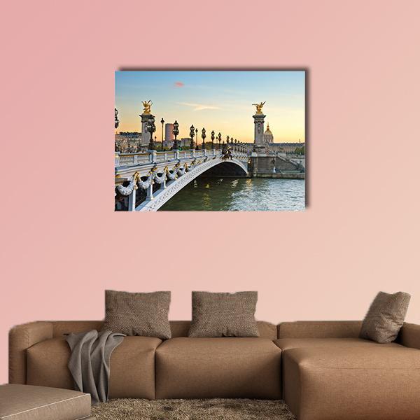 Alexandre Iii Bridge at Sunset, Paris Canvas Wall Art in white, gold and blue, single panel hung on a wall