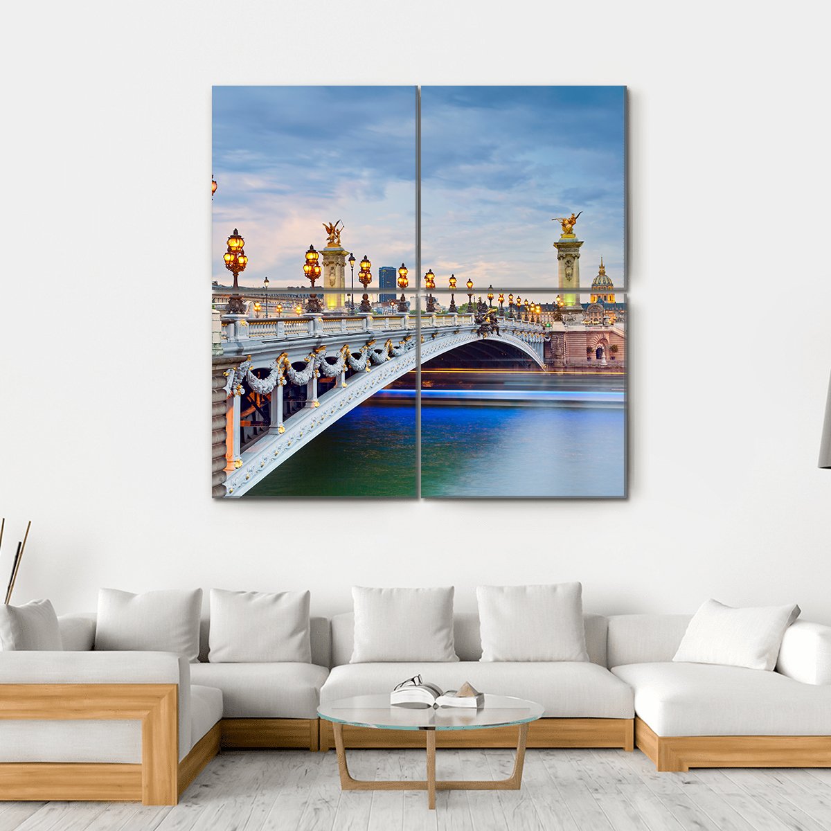 Pont Alexandre Iii at Twilight Canvas Wall Art in gray, orange and blue, hung on a wall