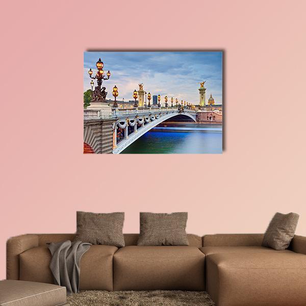 Alexandre Iii Bridge at Dusk, Paris Canvas Wall Art in gray, gold and blue, single panel hung on a wall
