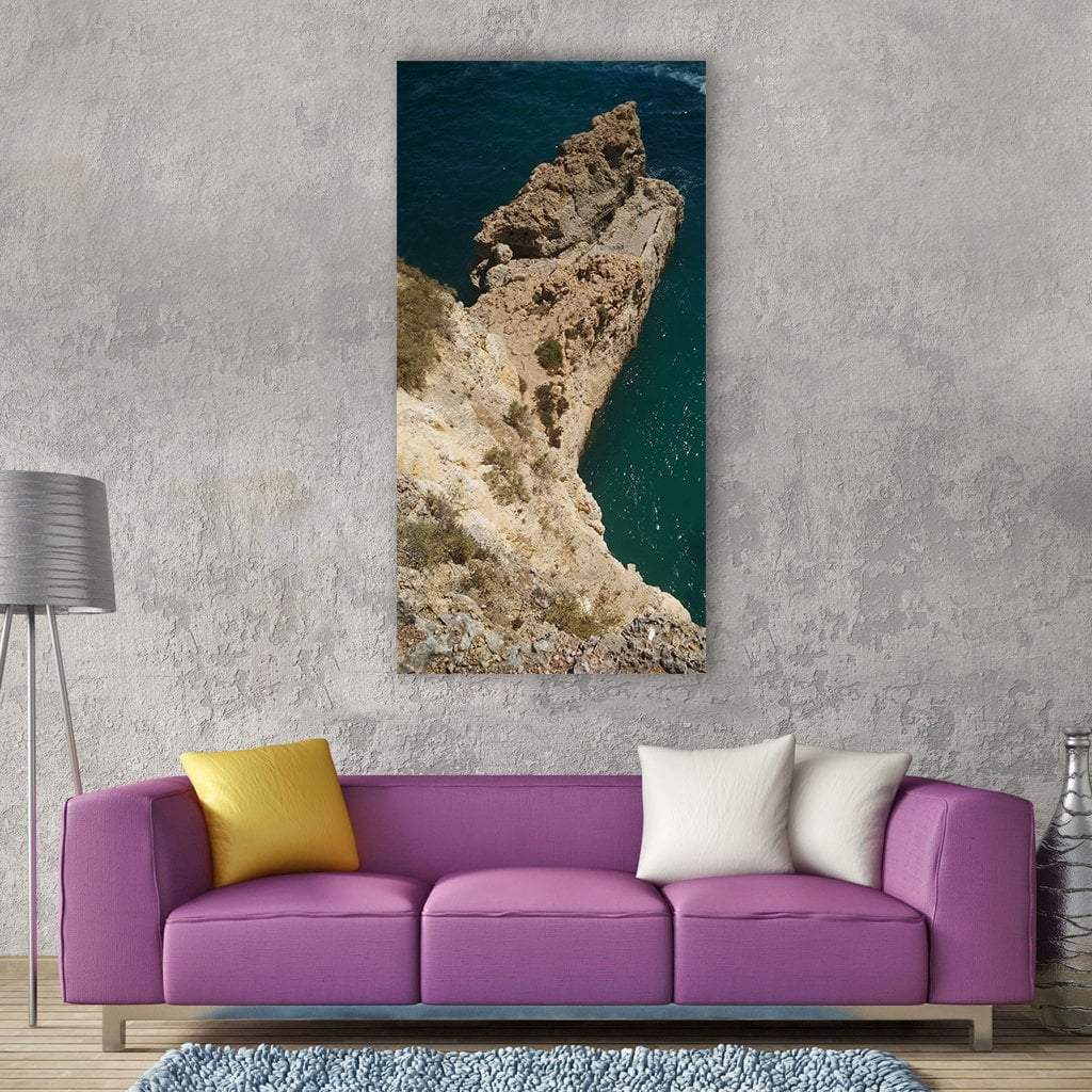 Algarve Beach Coastal Cliffs and Ocean Vertical Canvas Wall Art in beige, brown and blue, single vertical panel hung on a wall