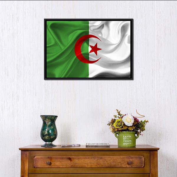 Draped Algerian Flag Canvas Wall Art in white, red and green, framed canvas, product view on a white background