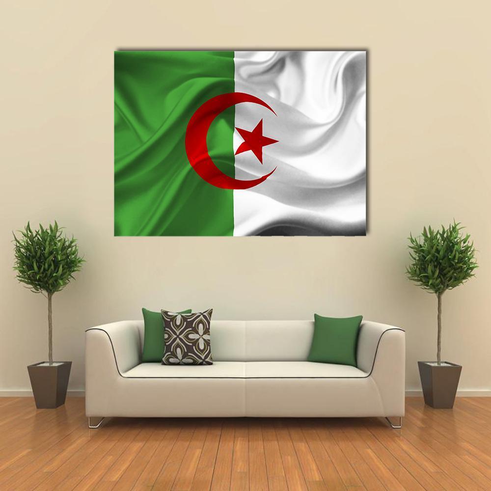 Algerian Flag with Crescent on Rippling Fabric Canvas Wall Art in white, red and green, single panel hung on a wall