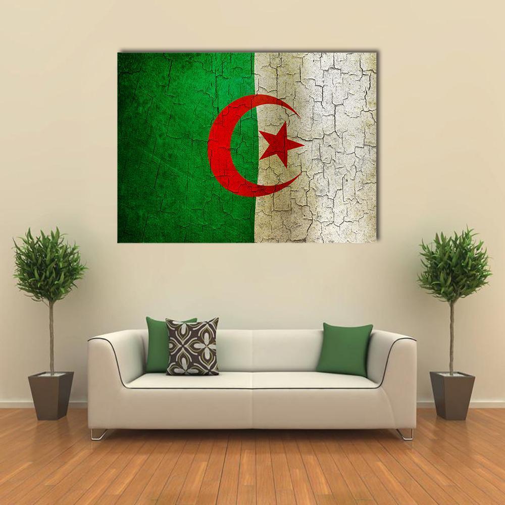Grunge Algerian Flag with Cracked Texture Canvas Wall Art in white, red and green, single panel hung on a wall