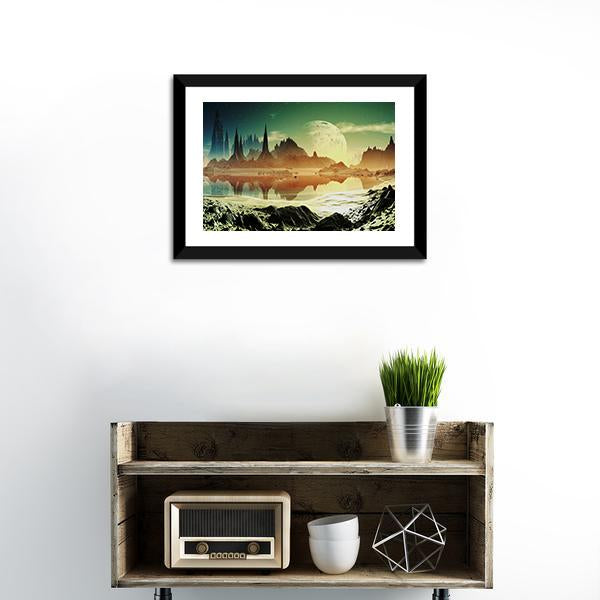 Alien City Beside Lake Canvas Wall Art-1 Piece-Framed Print-20" x 16"-Tiaracle