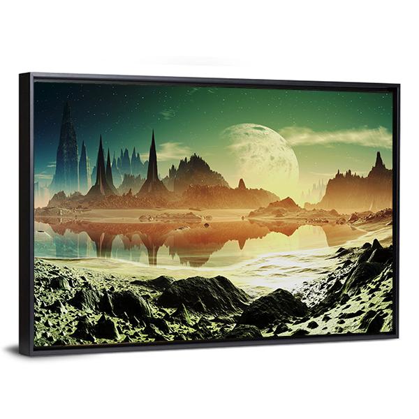 Alien City Beside Lake Canvas Wall Art-3 Horizontal-Gallery Wrap-25" x 16"-Tiaracle