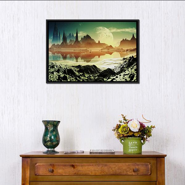 Alien City Beside Lake Canvas Wall Art-3 Horizontal-Gallery Wrap-25" x 16"-Tiaracle