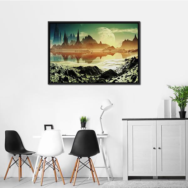 Alien City Beside Lake Canvas Wall Art-1 Piece-Floating Frame-24" x 16"-Tiaracle