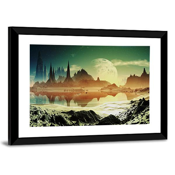 Alien City Beside Lake Canvas Wall Art-3 Horizontal-Gallery Wrap-25" x 16"-Tiaracle