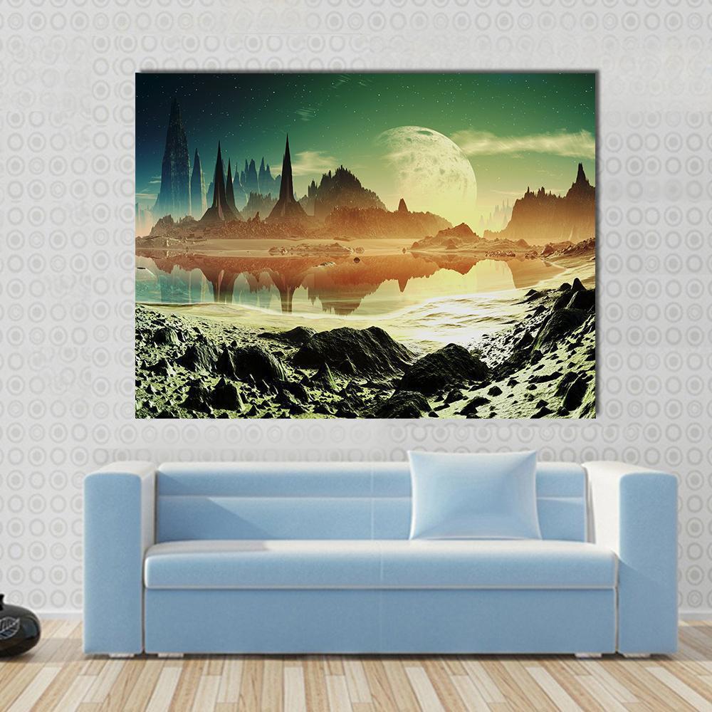 Alien City Beside Lake Canvas Wall Art-1 Piece-Gallery Wrap-36" x 24"-Tiaracle