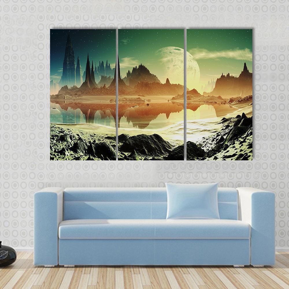 Alien City Beside Lake Canvas Wall Art-3 Horizontal-Gallery Wrap-37" x 24"-Tiaracle