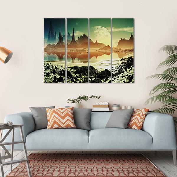 Alien City Beside Lake Canvas Wall Art-4 Horizontal-Gallery Wrap-34" x 24"-Tiaracle