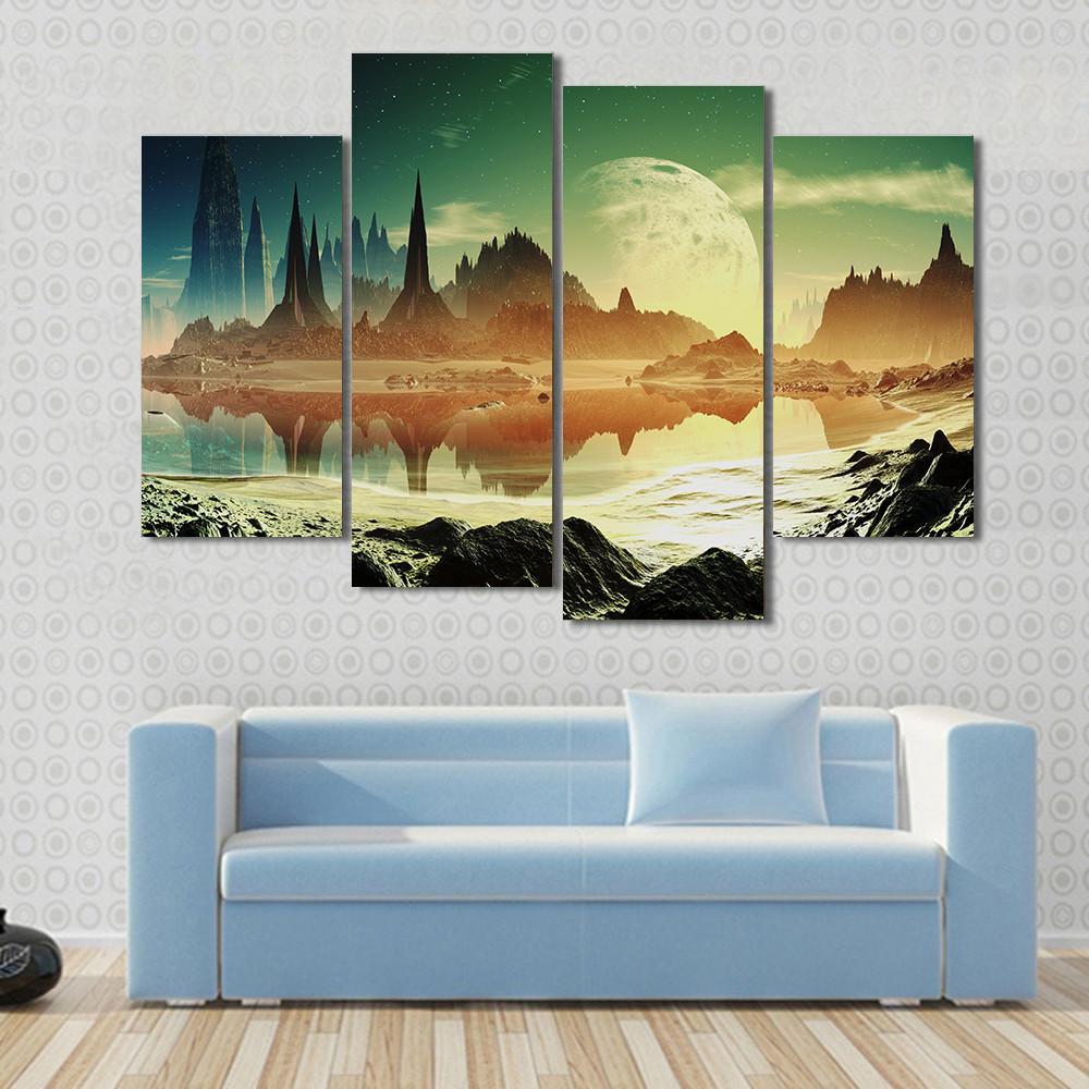 Alien City Beside Lake Canvas Wall Art-4 Pop-Gallery Wrap-50" x 32"-Tiaracle