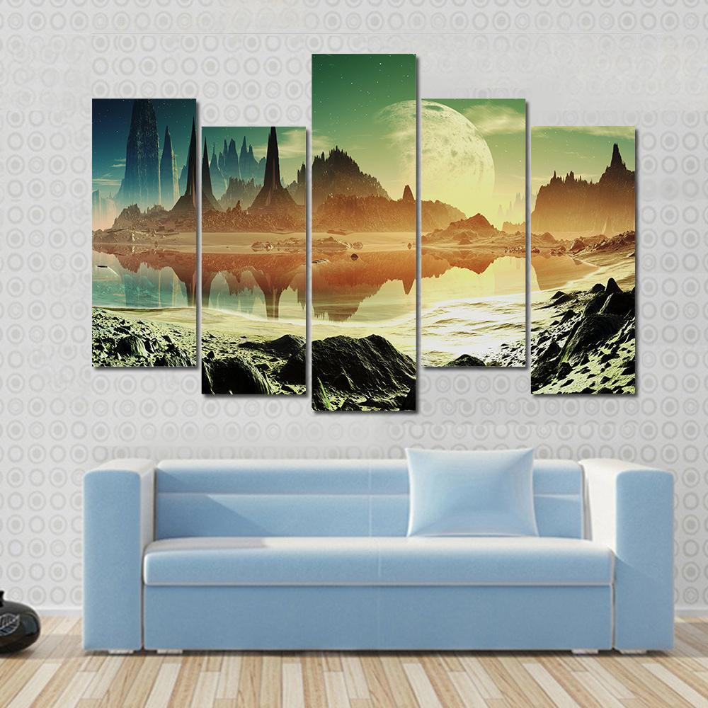 Alien City Beside Lake Canvas Wall Art-5 Pop-Gallery Wrap-47" x 32"-Tiaracle