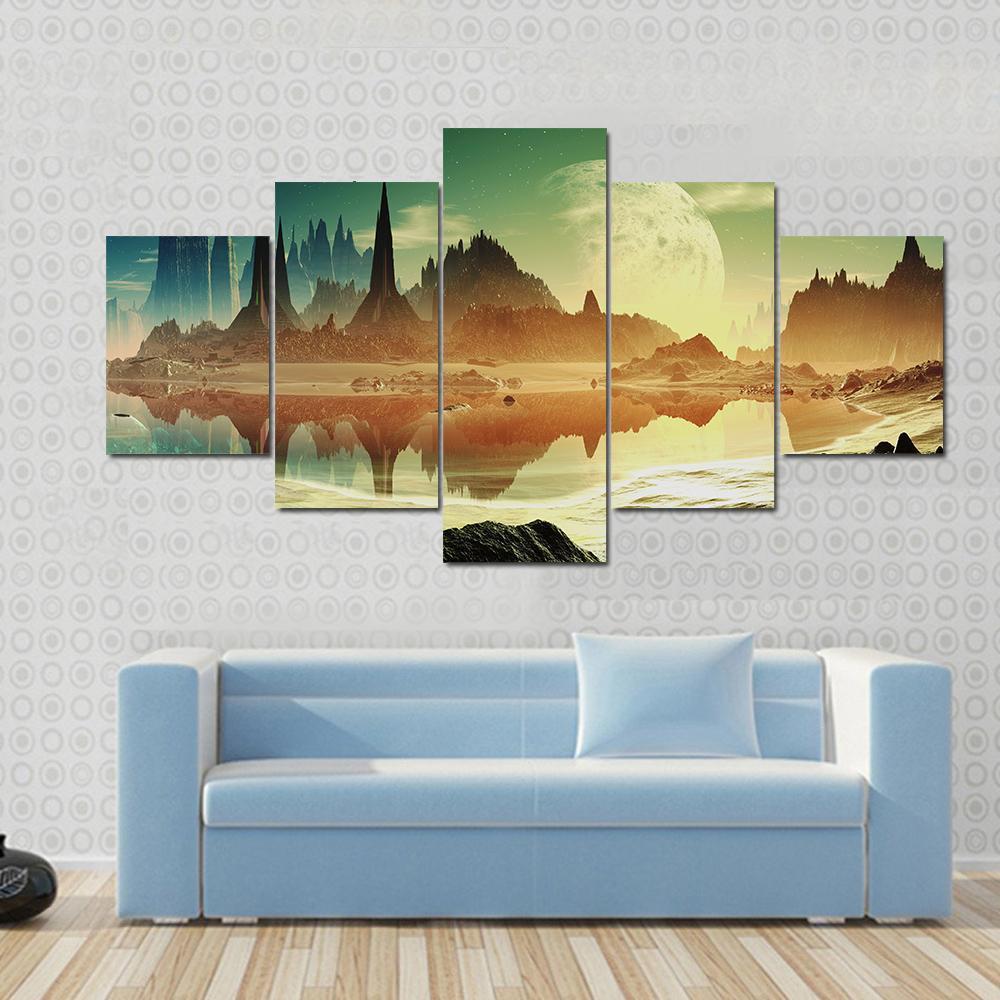 Alien City Beside Lake Canvas Wall Art-5 Star-Gallery Wrap-62" x 32"-Tiaracle