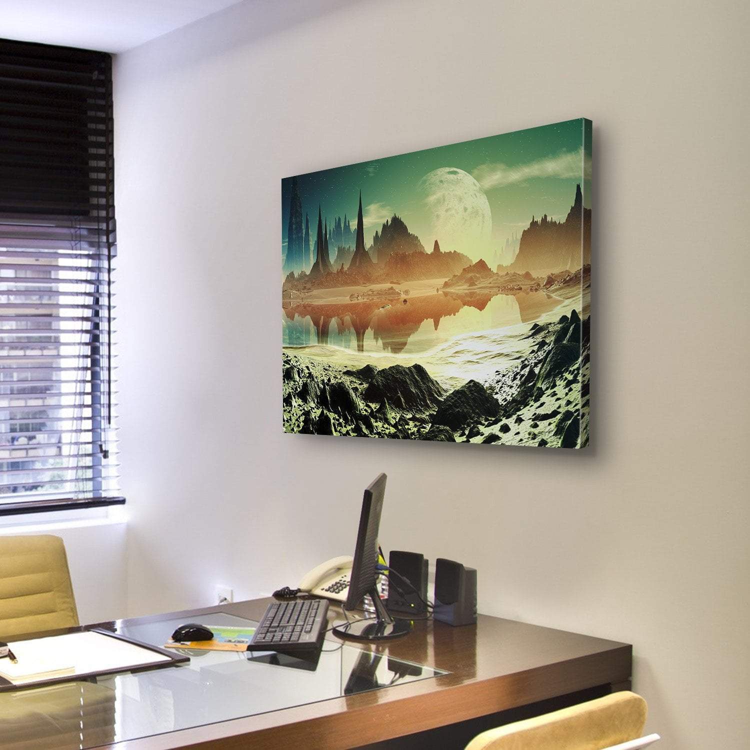 Alien City Beside Lake Canvas Wall Art-1 Piece-Gallery Wrap-48" x 32"-Tiaracle