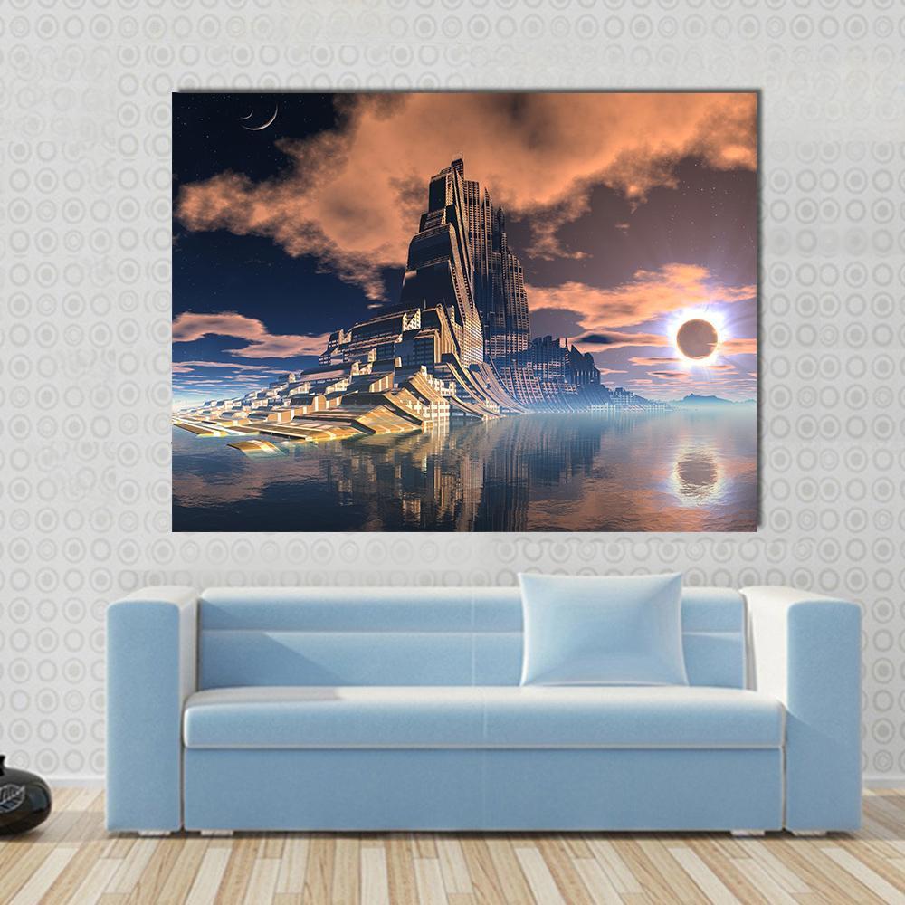 Alien City Canvas Wall Art in black, orange and blue, single panel hung on a wall