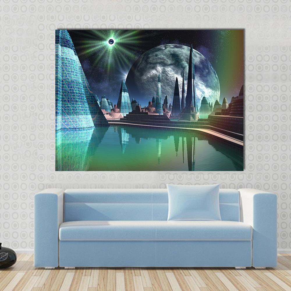 Alien City with Quasar Star Canvas Wall Art in black, green and blue, single panel hung on a wall