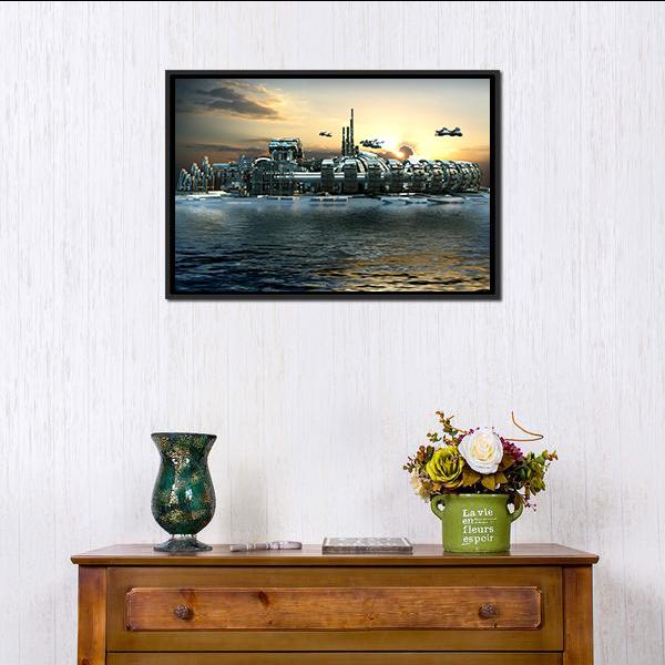 Alien Island City Canvas Wall Art in gray, yellow and blue, framed canvas, product view on a white background