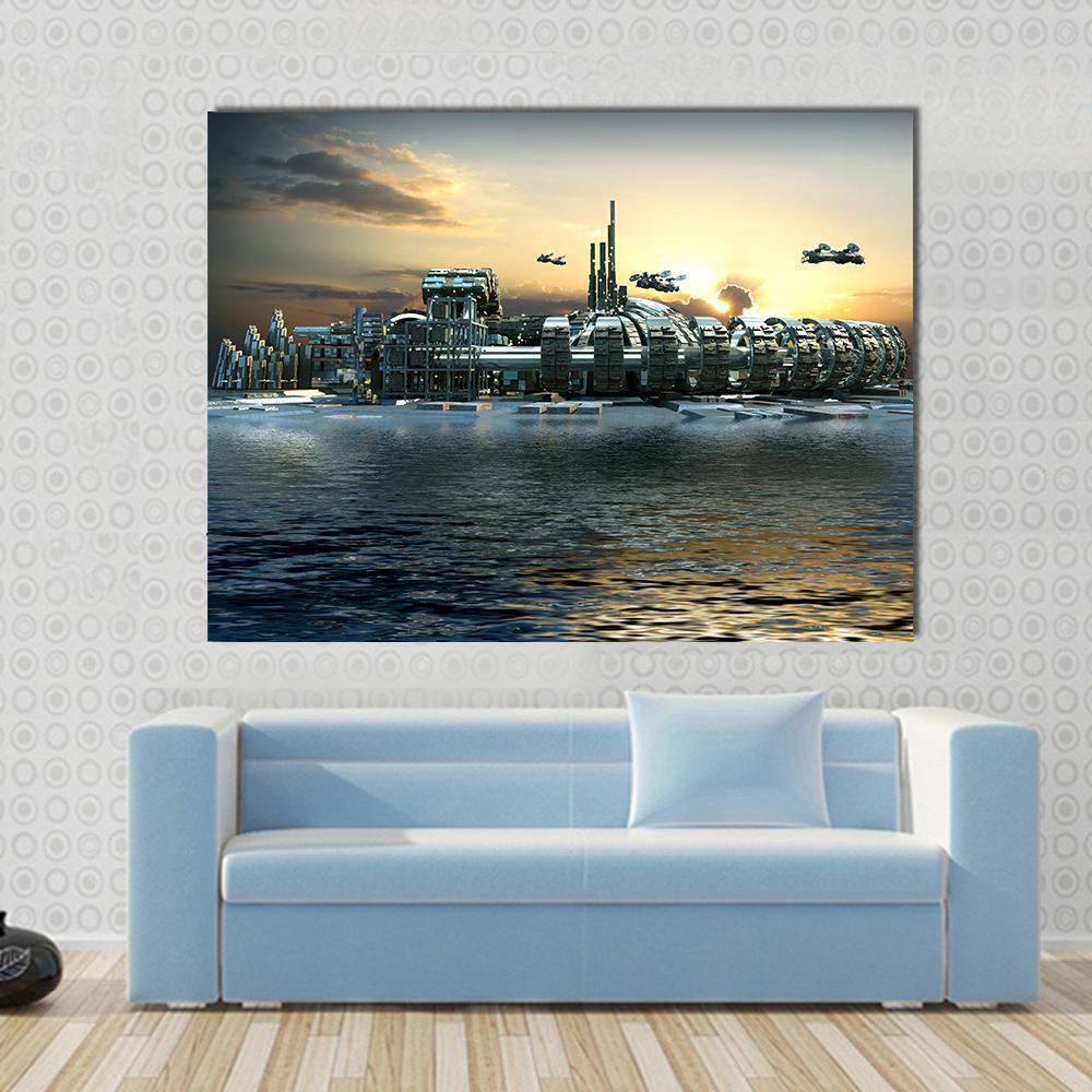 Alien Island City at Sunset Canvas Wall Art in orange, yellow and blue, single panel hung on a wall