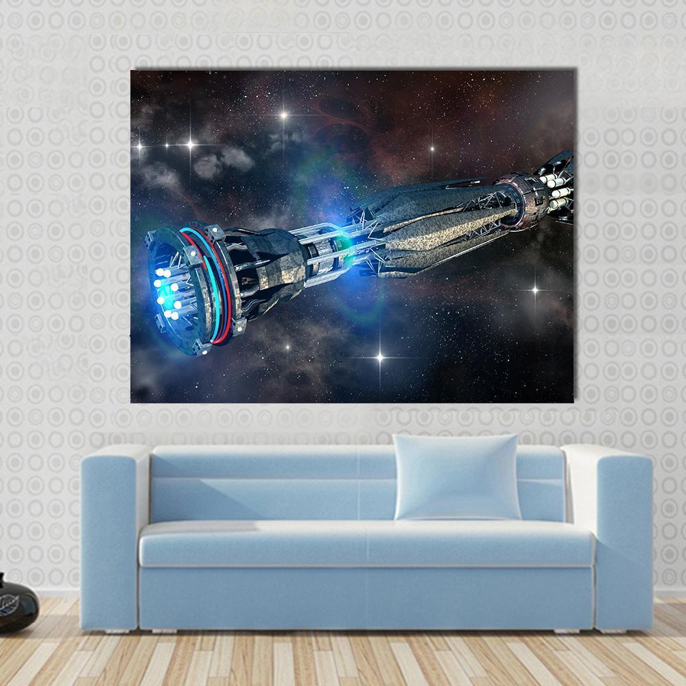 Alien Mothership in Deep Space Canvas Wall Art in black and blue, single panel hung on a wall