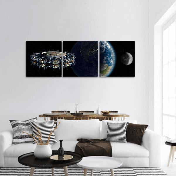 Alien UFO Near Earth Panoramic Canvas Wall Art-3 Piece-25" x 08"-Tiaracle