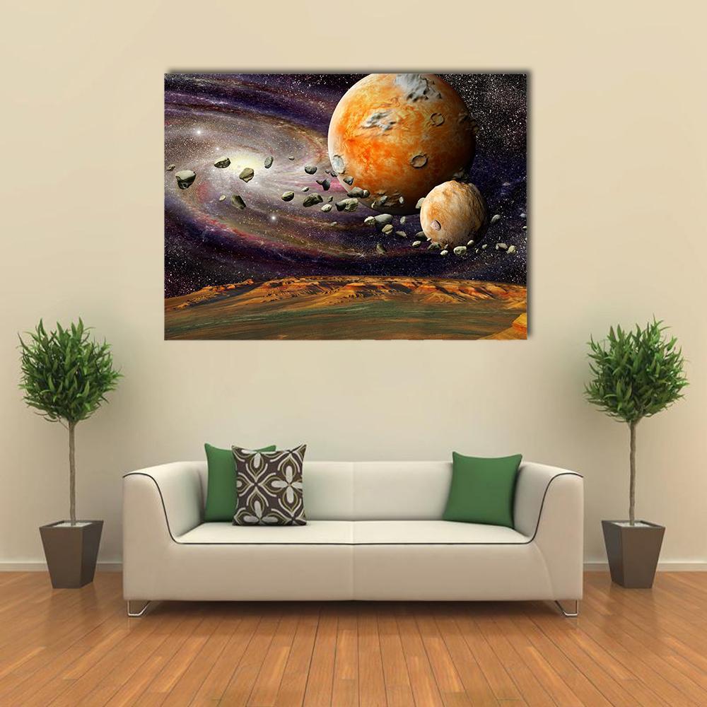 Cratered Alien Planet with Asteroid Belt Canvas Wall Art in black, orange and purple, single panel hung on a wall