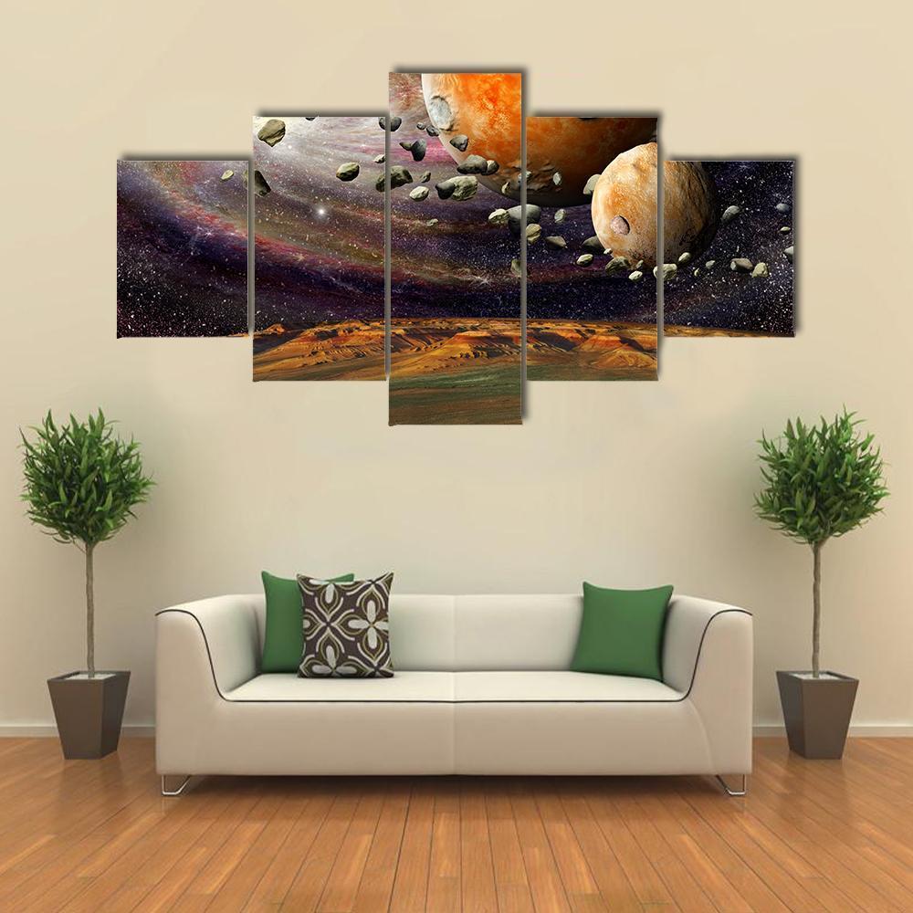 Alien Planet &amp; Asteroid Belt Canvas Wall Art-5 Star-Gallery Wrap-62" x 32"-Tiaracle
