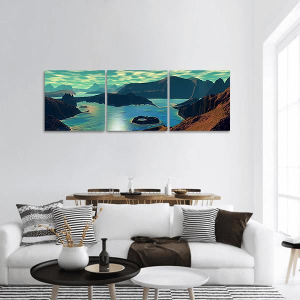 Alien Planet Seascape Panoramic Canvas Wall Art in brown, green and blue, hung on a wall